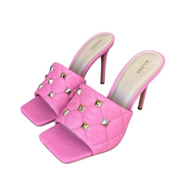 Aldo Saesa Pink Studded Square Toe Leather Heeled Sandals - Picture 3 of 10
